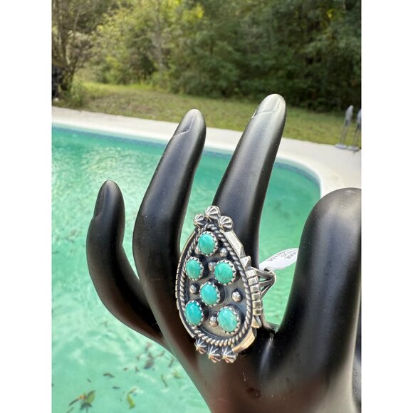Navajo KL Sterling Silver Kingman Turquoise Cluster Statement Ring 7.5 signed - Picture 7 of 16